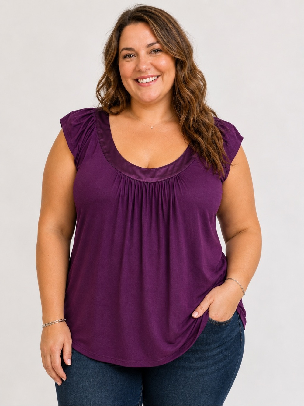 RW&CO Purple Satin-Trim Scoop Neck Cap Sleeve Top – Size Large